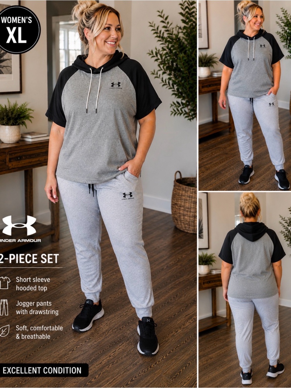Under Armour Women'sXXL Grey & Black Short-Sleeve Hooded 1Xl joggers outfit